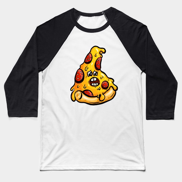 Freaked Out Cartoon Pepperoni Pizza Slice Logo Baseball T-Shirt by Squeeb Creative